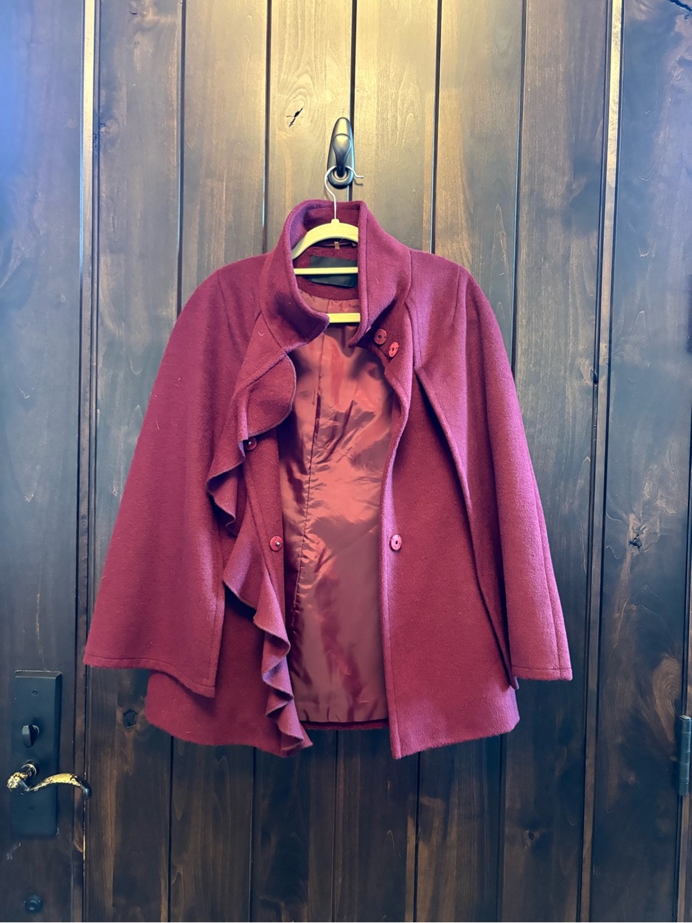 Tahari Burgundy Ruffle Front Cape Coat